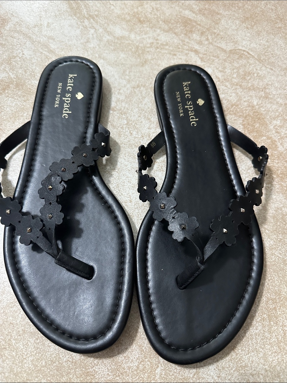 kate spade Black Floral Leather Thong Sandals